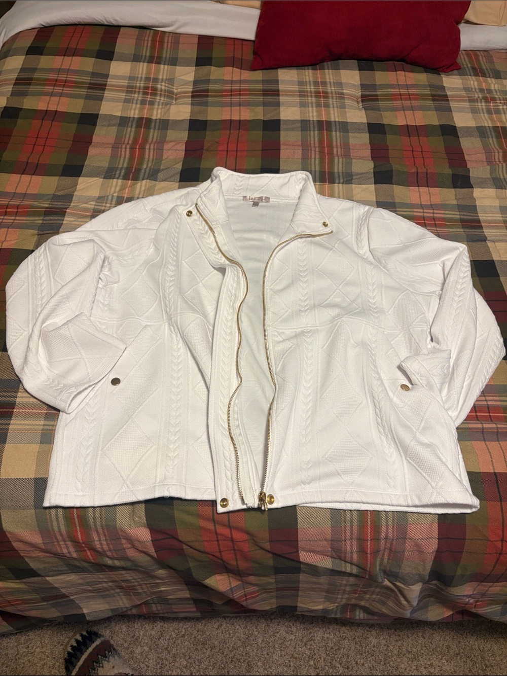 Women's White Quilted Bomber Jacket with Gold Hardware